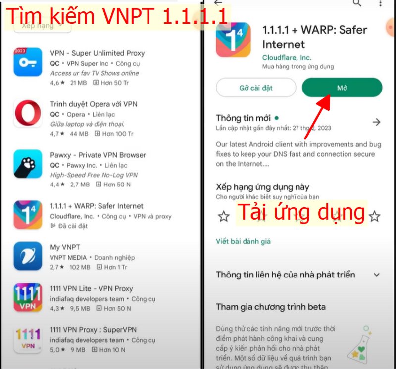 Nếu bị chặn IP trên Android bạn có thể cài thêm VNPT 1.1.1.1